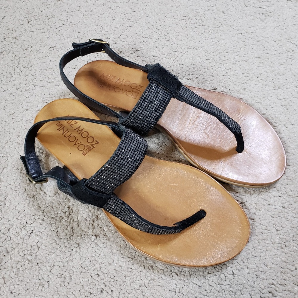 Miz Mooz Sandals 7 37‎ Brown Shimmer Ankle Strap Black Thong Shoes Festival Boho